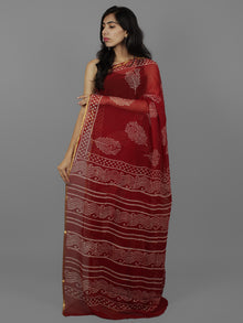 Cherry Red Ivory Hand Block Printed Chiffon Saree Without Blouse - S031702080