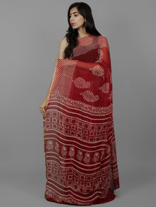 Cherry Red Ivory Hand Block Printed Chiffon Saree - S031702084
