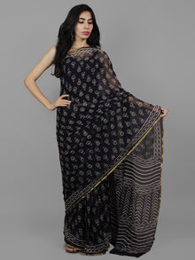 Dark Indigo Ivory Hand Block Printed Chiffon Saree - S031702096
