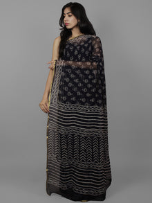 Dark Indigo Ivory Hand Block Printed Chiffon Saree - S031702096
