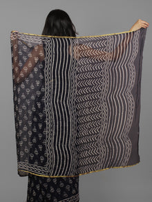 Dark Indigo Ivory Hand Block Printed Chiffon Saree - S031702096