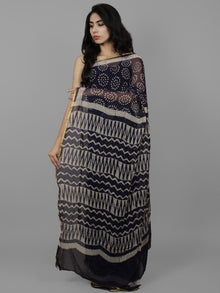 Dark Indigo Ivory Hand Block Printed Chiffon Saree - S031702101