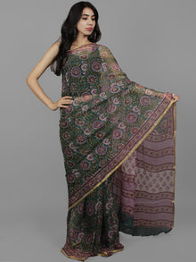 Green Purple Ivory Hand Block Printed Chiffon Saree - S031702108