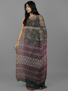 Green Purple Ivory Hand Block Printed Chiffon Saree - S031702108
