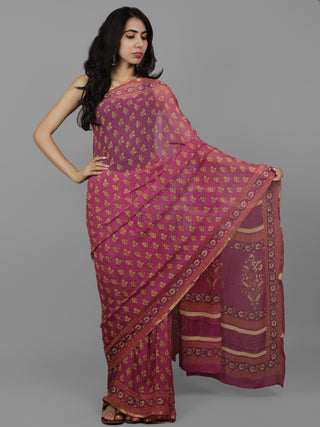 Dark Magenta Yellow Mustard Hand Block Printed Chiffon Saree - S031702109