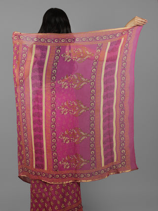 Dark Magenta Yellow Mustard Hand Block Printed Chiffon Saree - S031702109