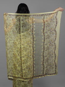 Cream Mustard Blue Hand Block Printed Chiffon Saree - S031702112
