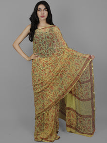 Cream Green Rust Maroon Hand Block Printed Chiffon Saree - S031702114