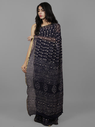 Dark Indigo Ivory Hand Block Printed Chiffon Saree - S031702116