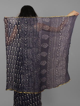 Dark Indigo Ivory Hand Block Printed Chiffon Saree - S031702116