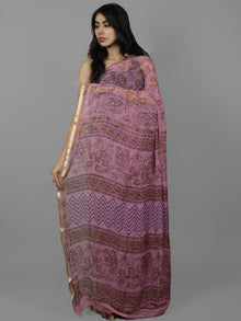 Lavender Mustard Blue Hand Block Printed Chiffon Saree - S031702118