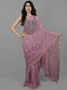 Lavender Pink Grey Hand Block Printed Chiffon Saree - S031702120