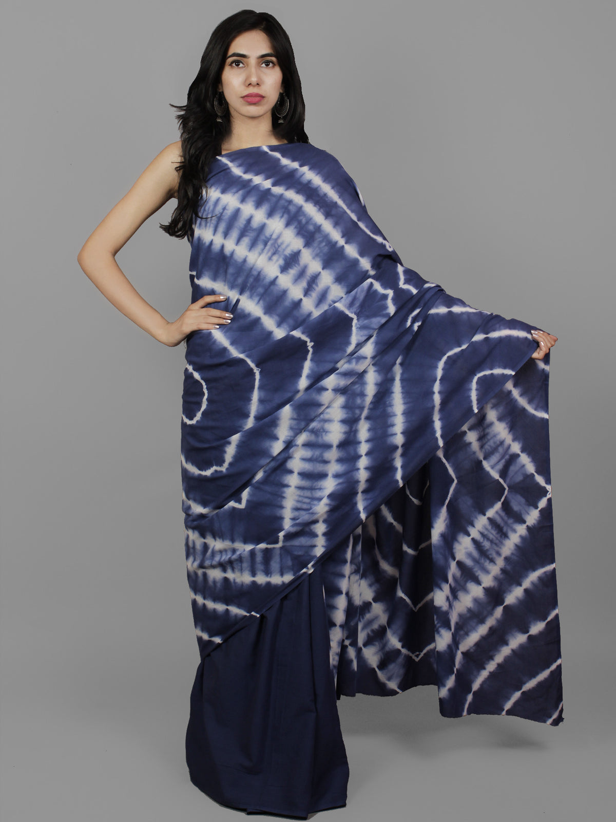 Indigo Ivory Natural Color Dyed Hand Clamped Cotton Shibori Saree - S031702123