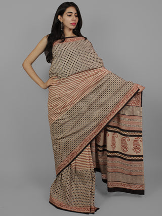 Maroon Beige Black Cotton Hand Block Printet Saree in Natural Colors - S031702130