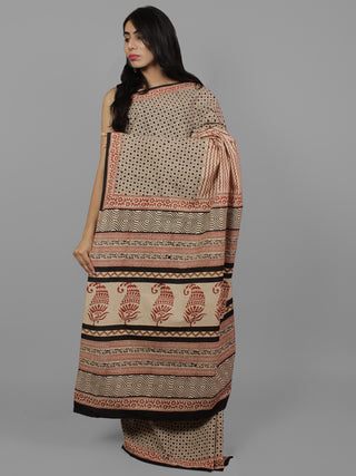Maroon Beige Black Cotton Hand Block Printet Saree in Natural Colors - S031702130