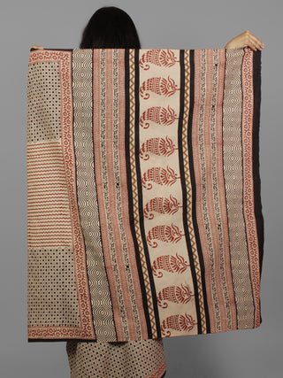 Maroon Beige Black Cotton Hand Block Printet Saree in Natural Colors - S031702130