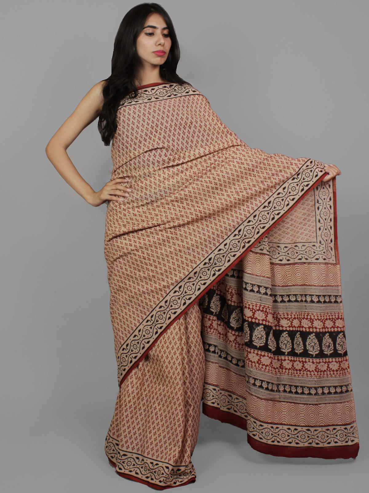Maroon Beige Black Cotton Hand Block Printet Saree in Natural Colors - S031702129