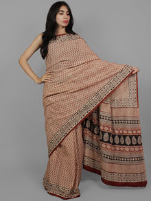 Maroon Beige Black Cotton Hand Block Printet Saree in Natural Colors - S031702129