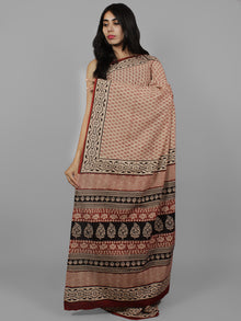 Maroon Beige Black Cotton Hand Block Printet Saree in Natural Colors - S031702129
