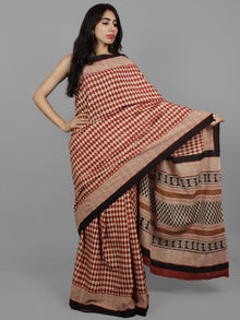 Maroon Beige Black Cotton Hand Block Printed Saree in Natural Colors - S031702128