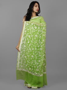 Pastel Green White Aari Embroidered Chiffon Saree From Kashmir  - S031702133