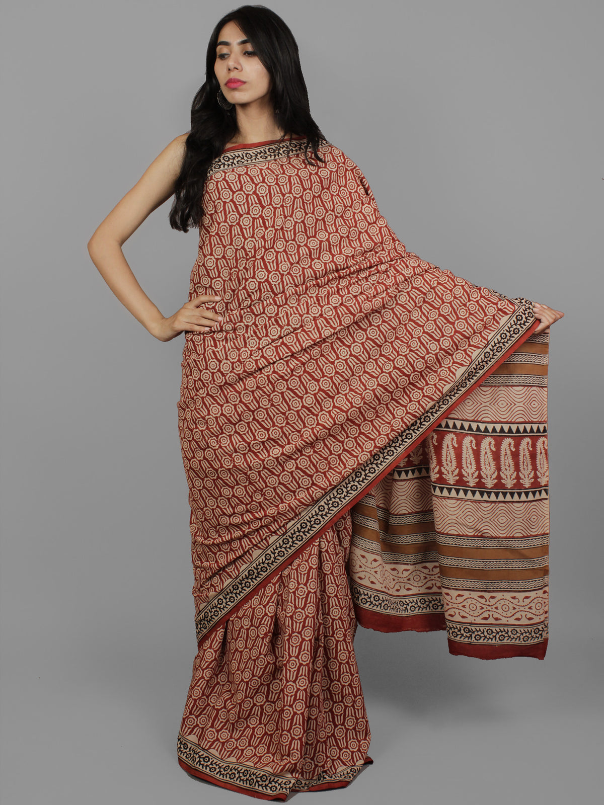 Maroon Beige Black Cotton Hand Block Printed Saree in Natural Colors - S031702127