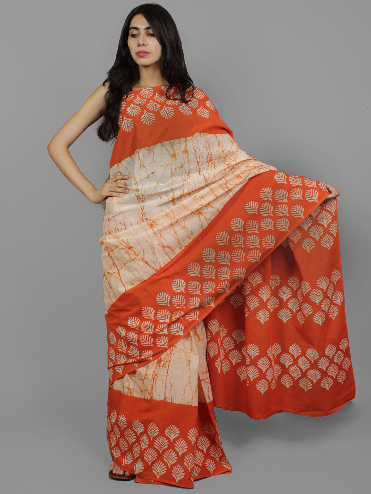 Orange Ivory Orange Hand Batik & Block Printed Cotton Saree - S031702125