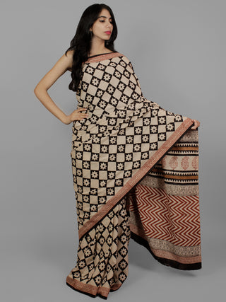 Beige Black Maroon Cotton Hand Block Printed Saree in Natural Colors - S031702201