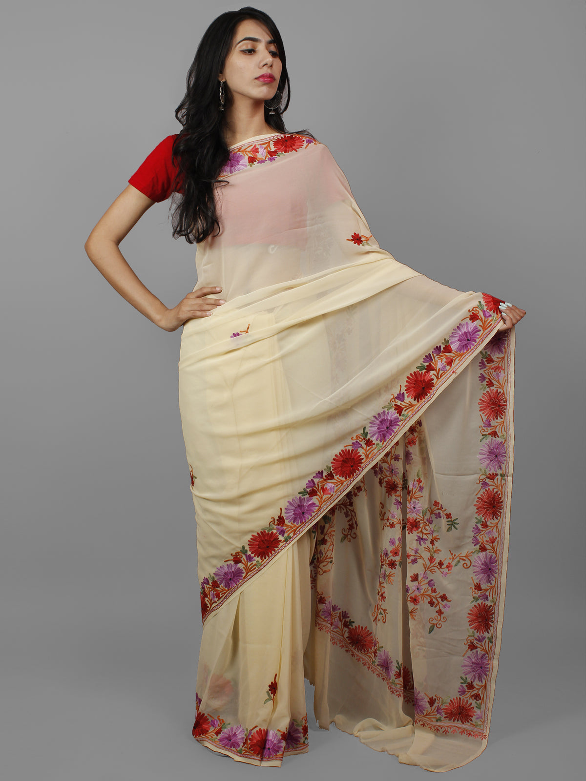 Off White Red Magenta Aari Embroidered Georgette Saree From Kashmir  - S031702140