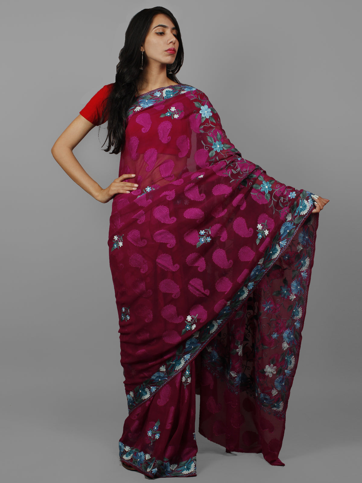 Maroon Purple Teal Blue Ivory Aari Embroidered Chiffon Saree With Paisley Self From Kashmir  - S031702143
