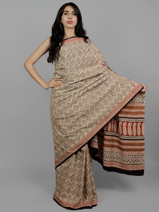 Beige Black Maroon Cotton Hand Block Printed Saree in Natural Colors - S031702205