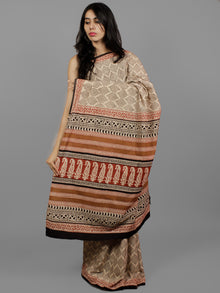 Beige Black Maroon Cotton Hand Block Printed Saree in Natural Colors - S031702205