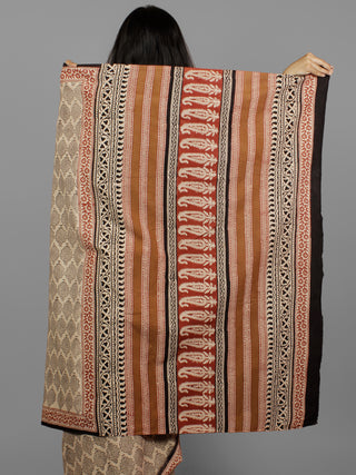 Beige Black Maroon Cotton Hand Block Printed Saree in Natural Colors - S031702205