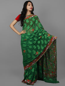 Green Lavender Red Aari Embroidered Chiffon Saree With Paisley Self From Kashmir  - S031702144