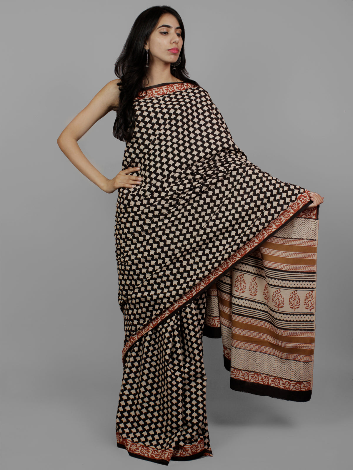 Black Beige Maroon Cotton Hand Block Printed Saree in Natural Colors - S031702206