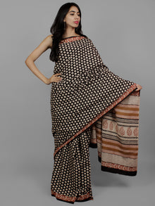 Black Beige Maroon Cotton Hand Block Printed Saree in Natural Colors - S031702206