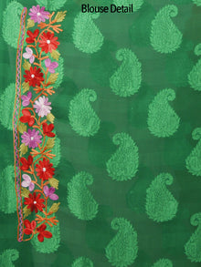 Green Lavender Red Aari Embroidered Chiffon Saree With Paisley Self From Kashmir  - S031702144