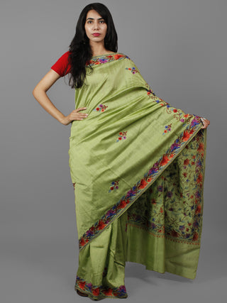 Green Purple Red Brown Aari Embroidered Bhagalpuri Silk Saree From Kashmir  - S031702146