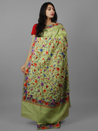 Green Purple Red Brown Aari Embroidered Bhagalpuri Silk Saree From Kashmir  - S031702146