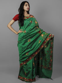 Green Maroon Yellow Aari Embroidered Bhagalpuri Silk Saree From Kashmir  - S031702154