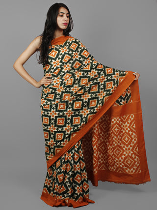 Green Ivory Rust Orange Telia Rumal Double Ikat Handwoven Pochampally Mercerized Cotton Saree - S031702193
