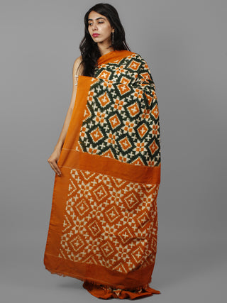 Green Ivory Rust Orange Telia Rumal Double Ikat Handwoven Pochampally Mercerized Cotton Saree - S031702193