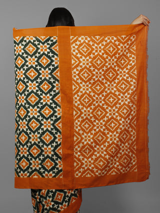 Green Ivory Rust Orange Telia Rumal Double Ikat Handwoven Pochampally Mercerized Cotton Saree - S031702193