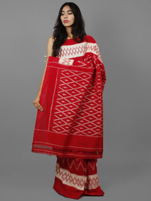 Red Ivory Ikat Handwoven Pochampally Mercerized Cotton Saree - S031702179