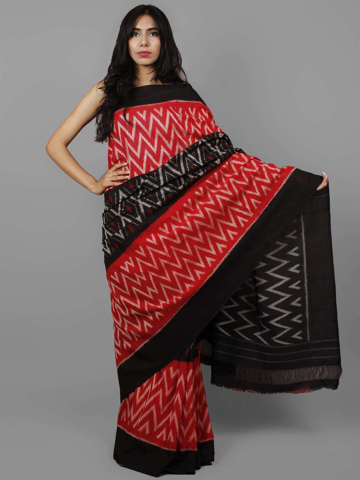 Red Black Ivory Ikat Handwoven Pochampally Mercerized Cotton Saree - S031702180
