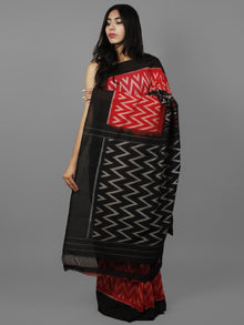 Red Black Ivory Ikat Handwoven Pochampally Mercerized Cotton Saree - S031702180