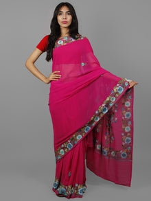 Deep Pink Blue Green Aari Embroidered Georgette  Saree From Kashmir  - S031702161