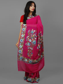 Deep Pink Blue Green Aari Embroidered Georgette  Saree From Kashmir  - S031702161