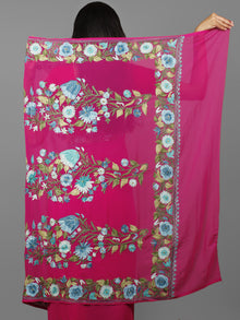 Deep Pink Blue Green Aari Embroidered Georgette  Saree From Kashmir  - S031702161