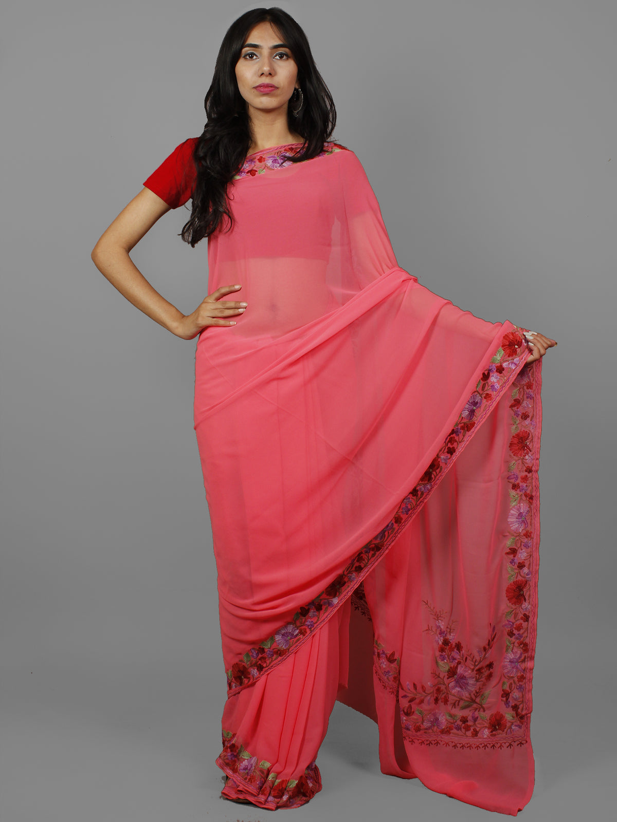 Pink Lavender Red Green Aari Embroidered Chiffon Saree From Kashmir  - S031702163